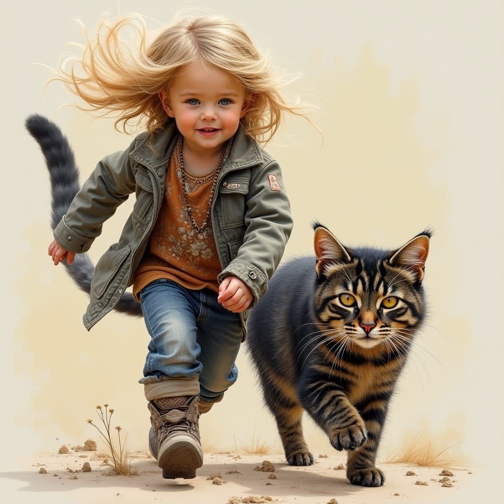 Child and Maine Coon Cat in Airbrush Style