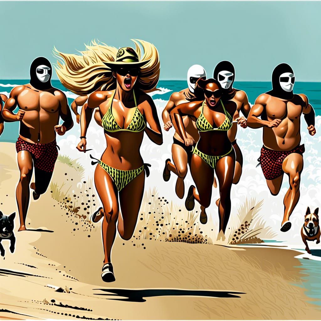 Bizarre Beach Escape: Pig Soldiers and Dog Woman