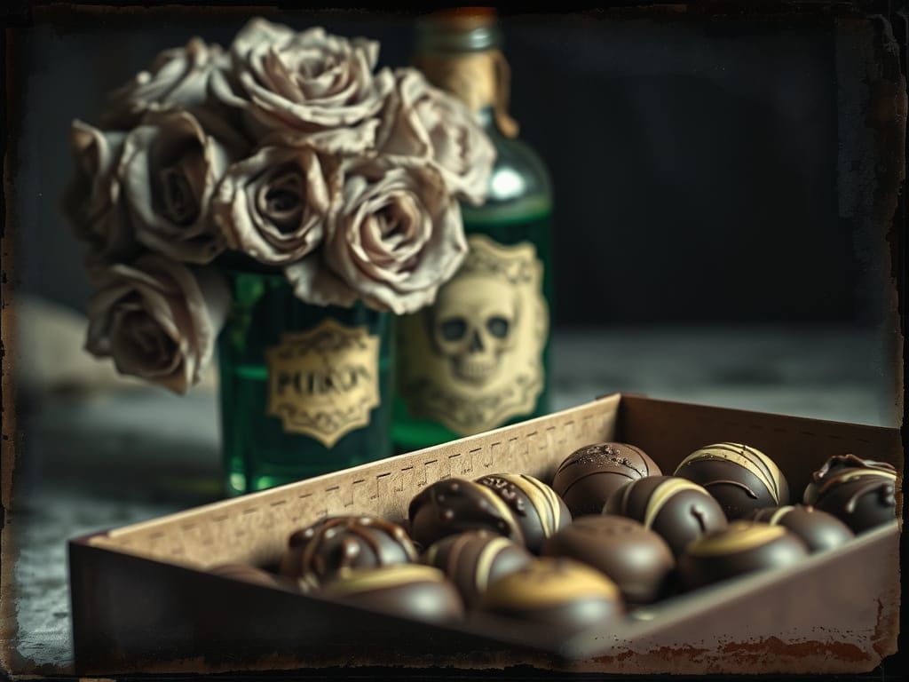 Gourmet Chocolates and Faded Roses in Grunge Style