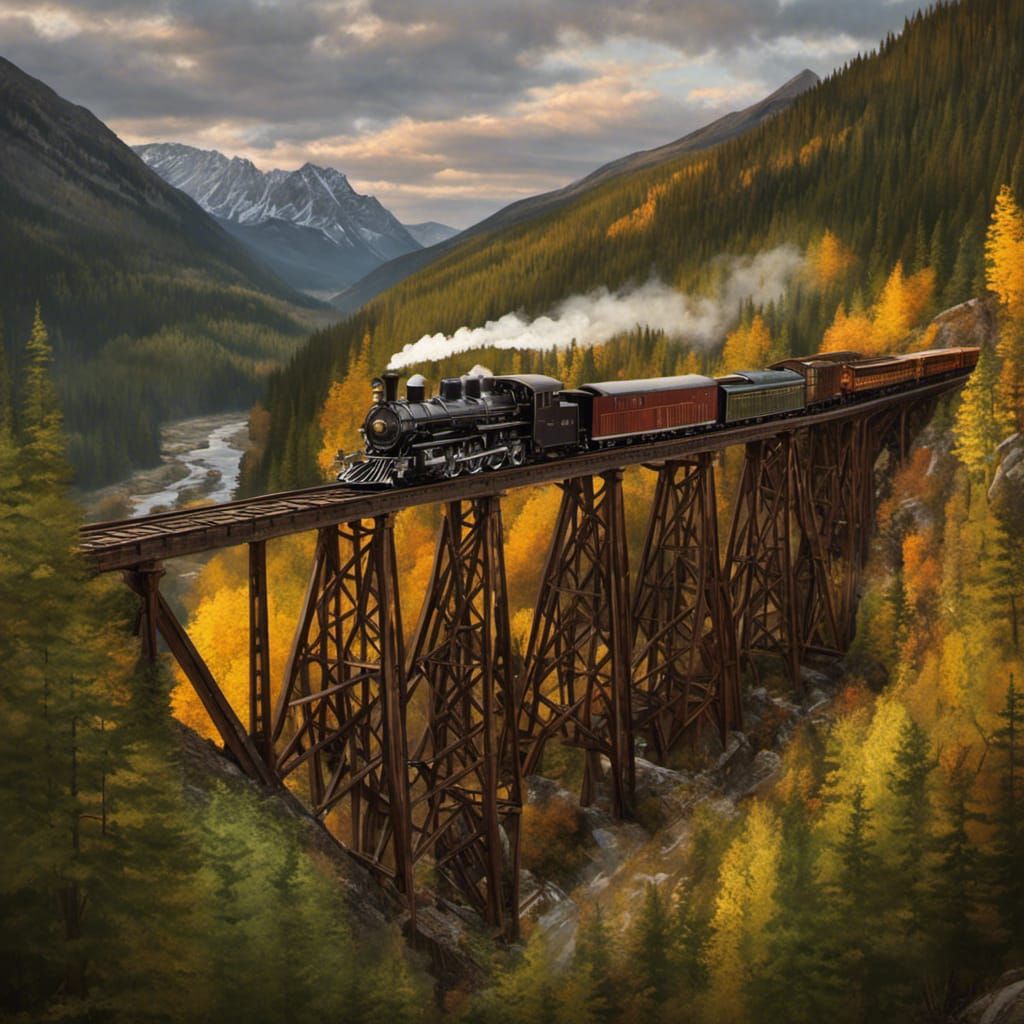 Idyllic Railway Bridge Oil Painting at Golden Hour