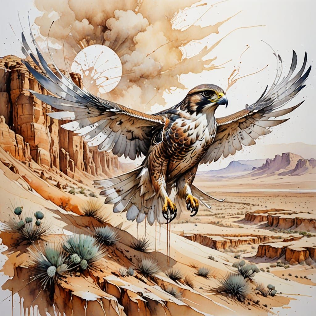 Regal Falcon Soars Over the Vast Desert Landscape in Waterco...