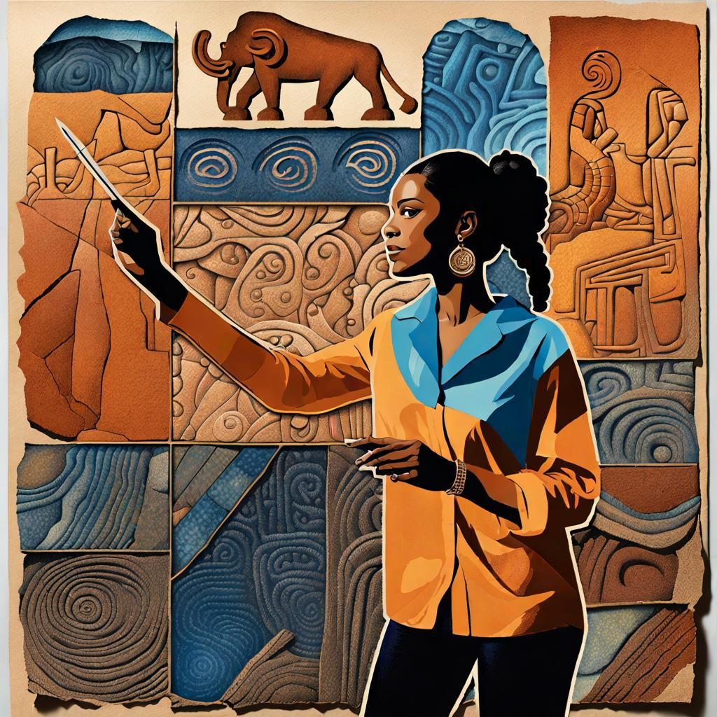 Archeologist and Mammoth Petroglyph in Paper Collage