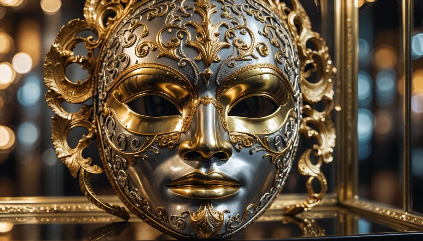Ornate Gold and Silver Mask in Glass Case