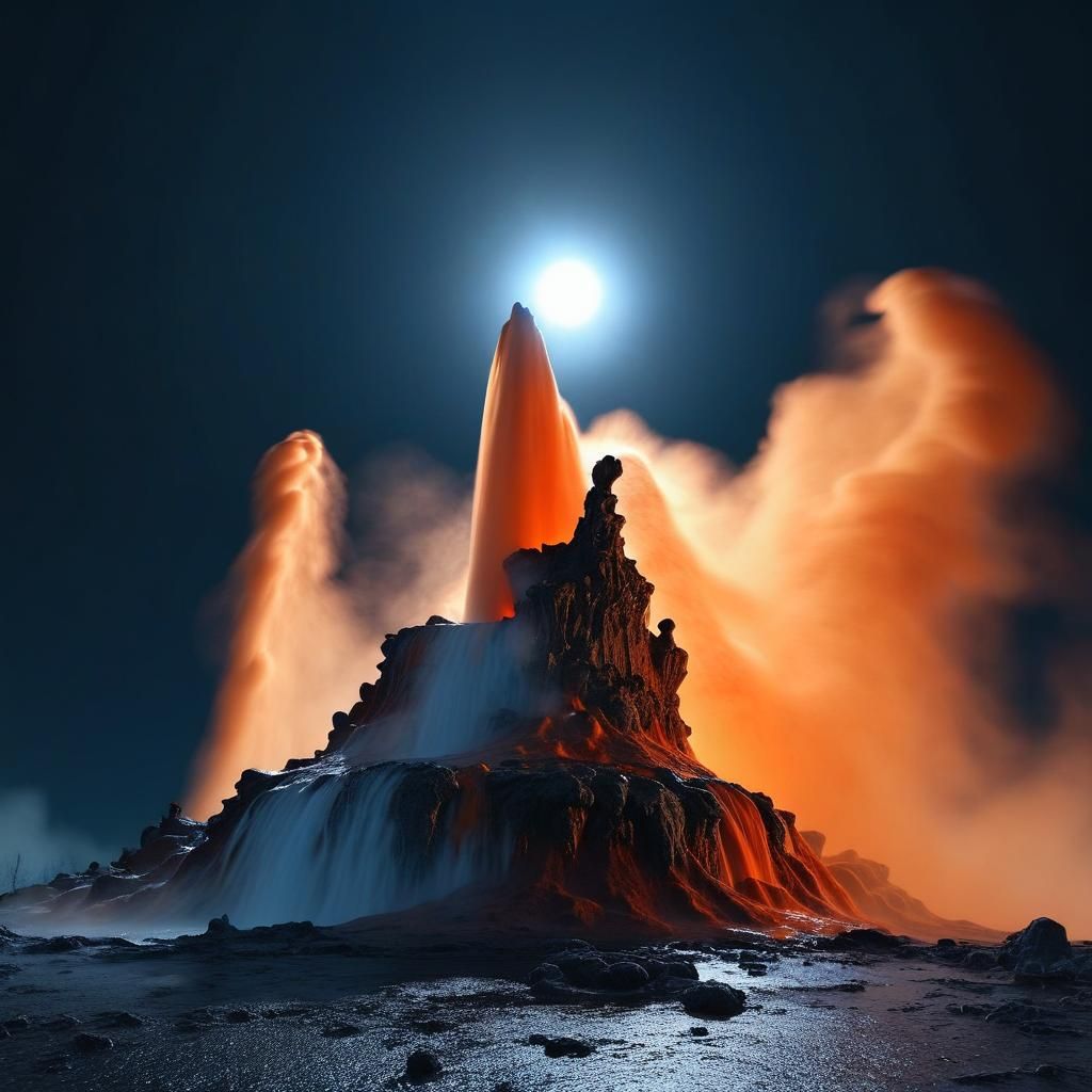 Ethereal Geyser Eruption Under Dark Moon