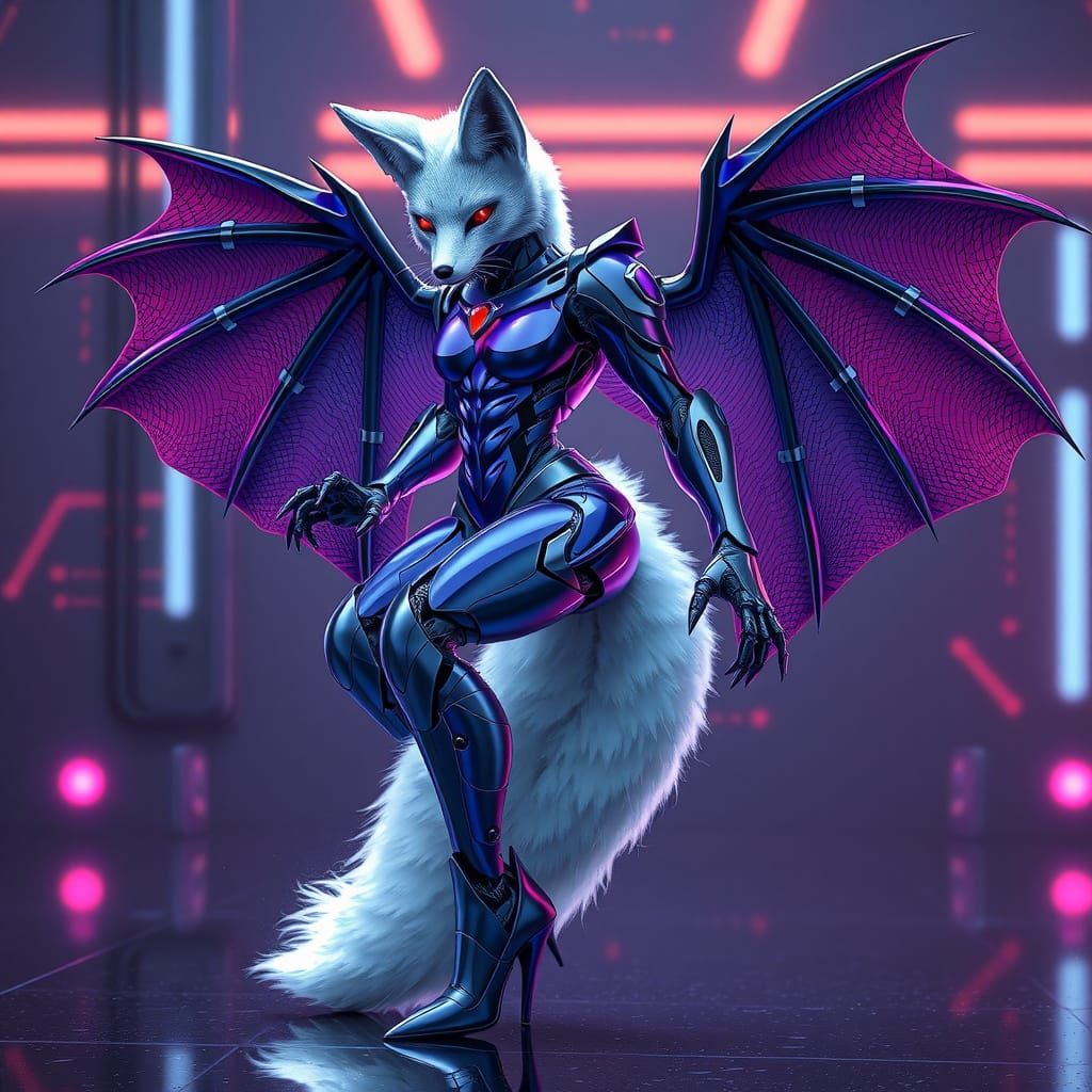 Robotic Fox Bat Transformation in Cyberpunk Style