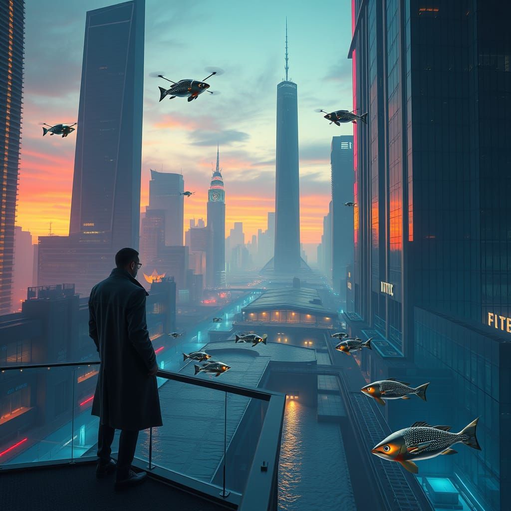 Retro-Futuristic Cityscape with Neon Canals and Drones