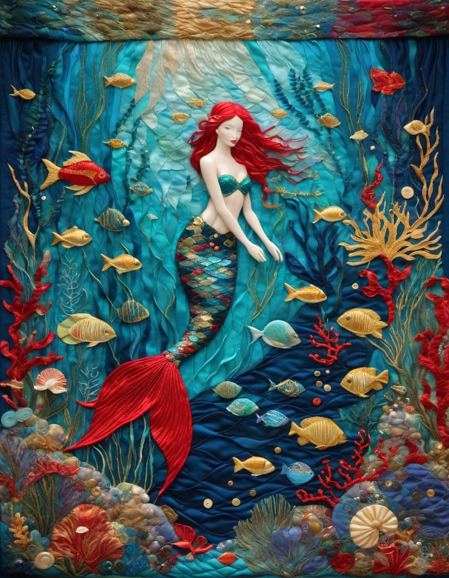 Enchanted Mermaid Amidst Vibrant Patchwork Quilt