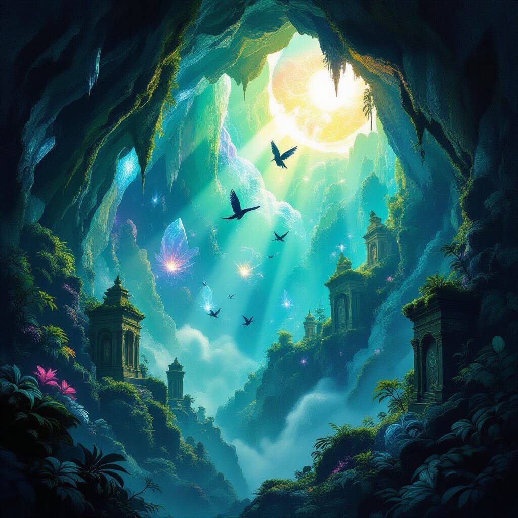 Bioluminescent Geode City with Winged Creatures, Fantasy Art