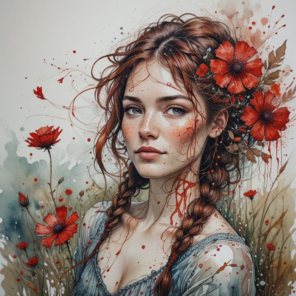 Dreamy Woman with Flowers: Watercolor Portrait