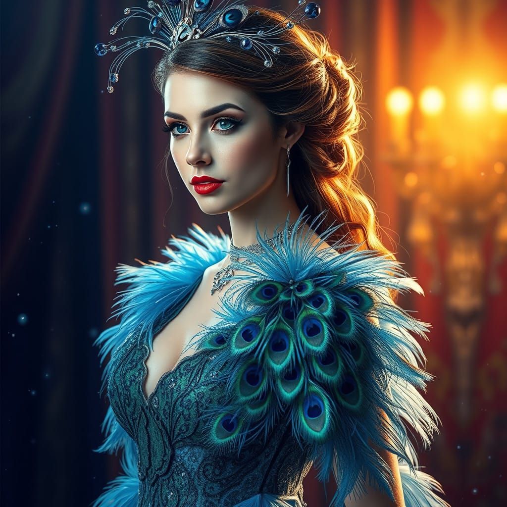 Hyperrealistic Portrait of a Regal Woman in Peacock Headdres...