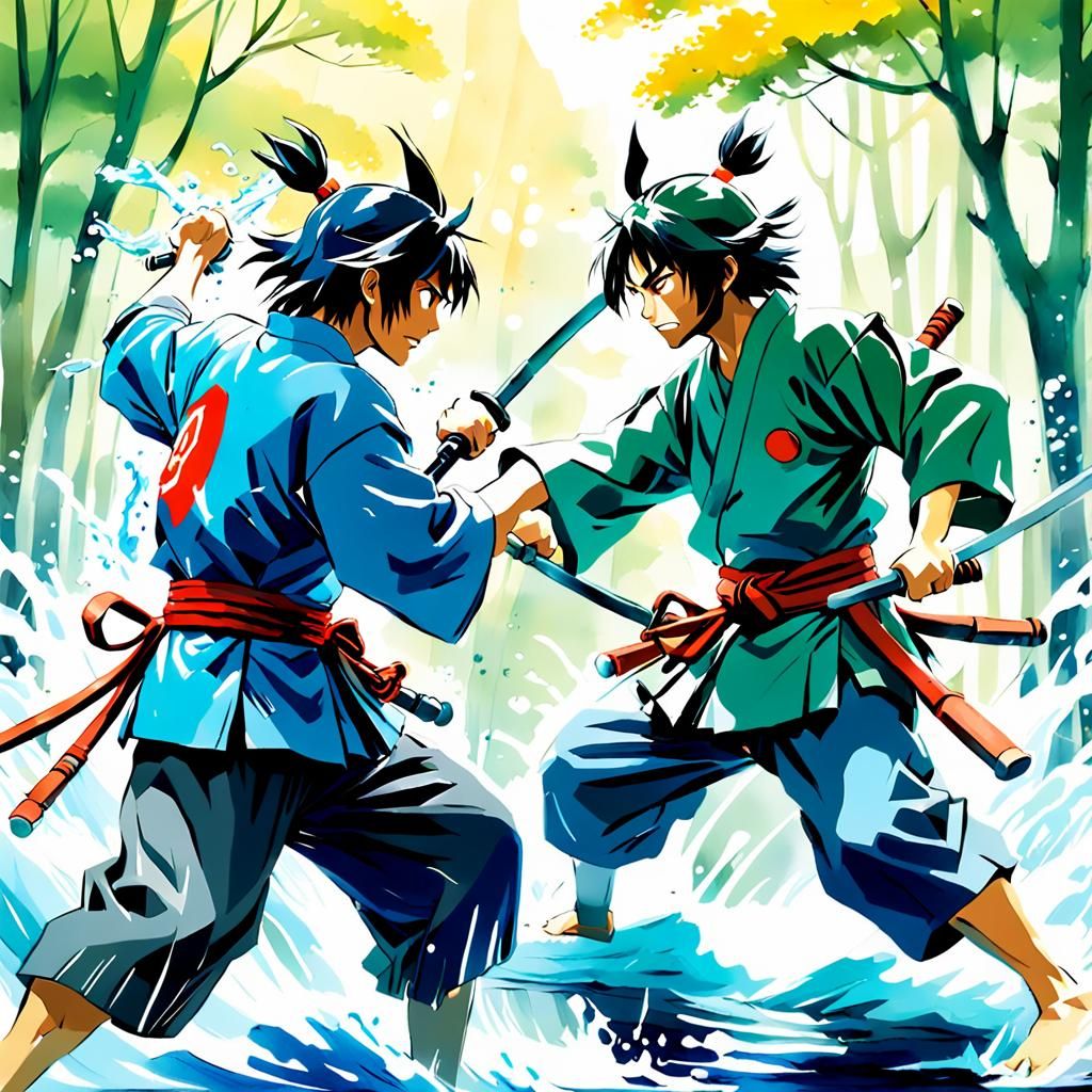 Samurai Duel: Watercolor Anime Illustration