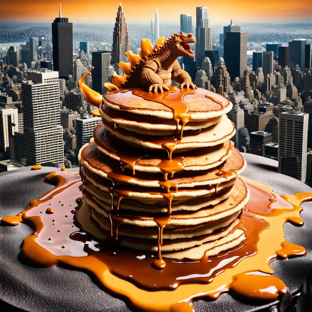 Pancake City Under Attack by Godzilla: Realistic Photography