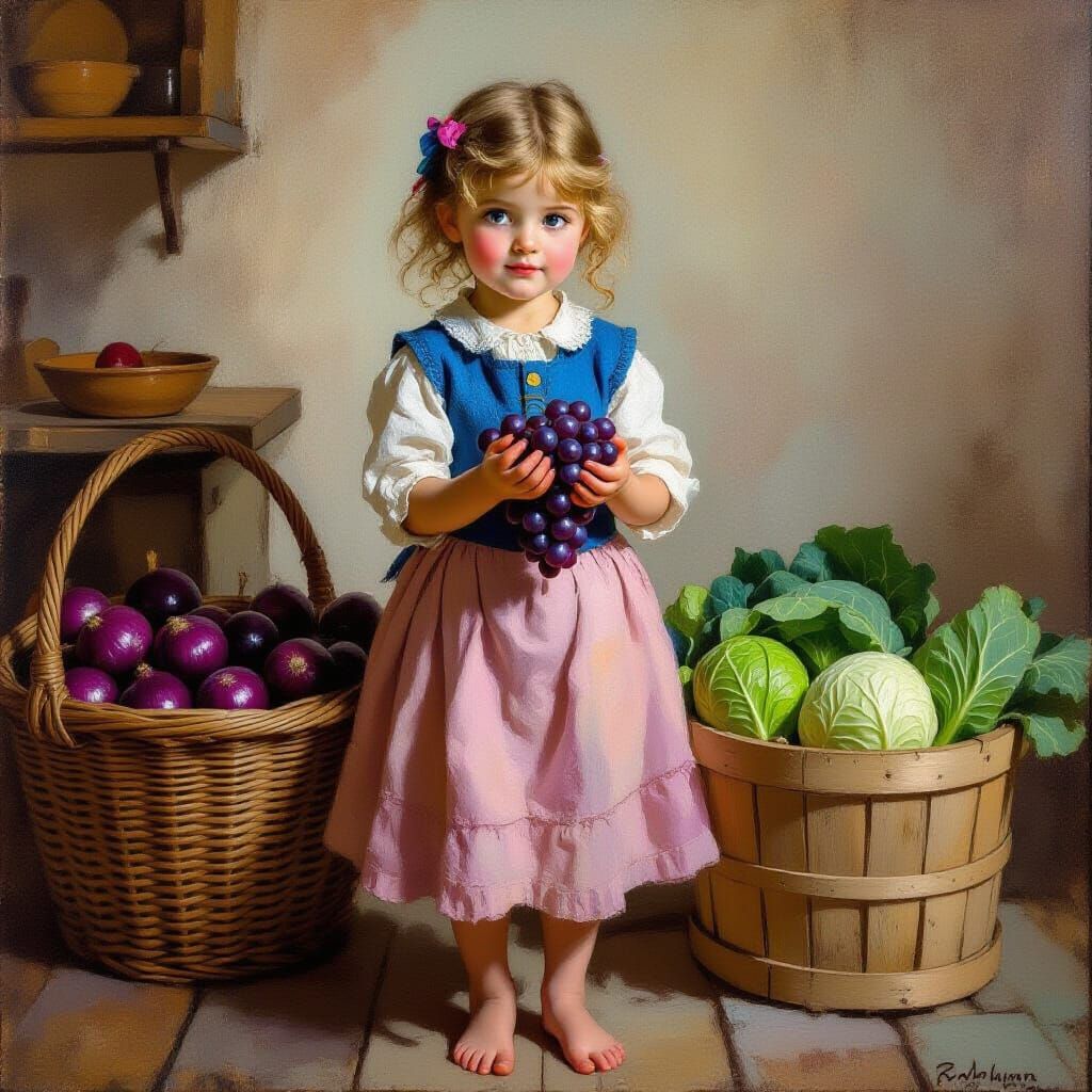 Young Girl in Rustic Kitchen with Grapes