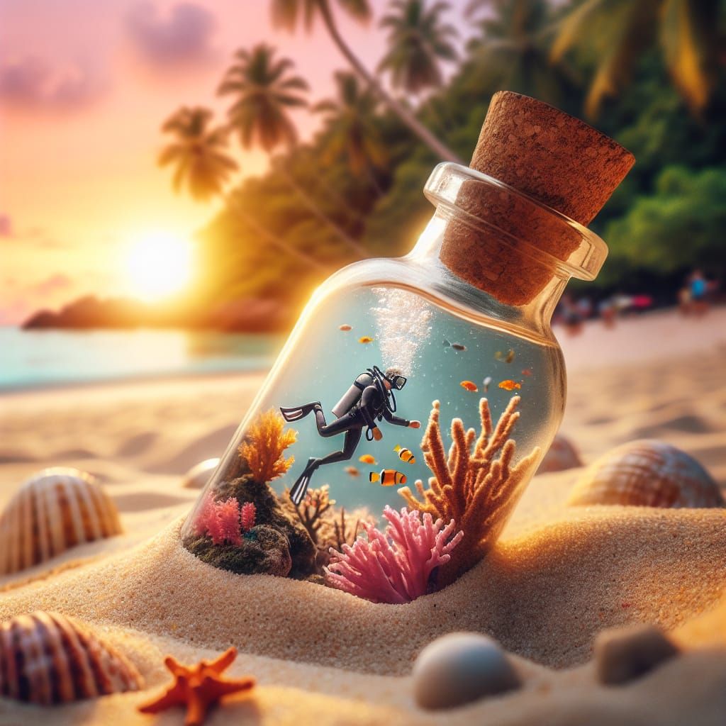 Miniature Diver Explores Vibrant Coral Reef in a Surreal Gla...