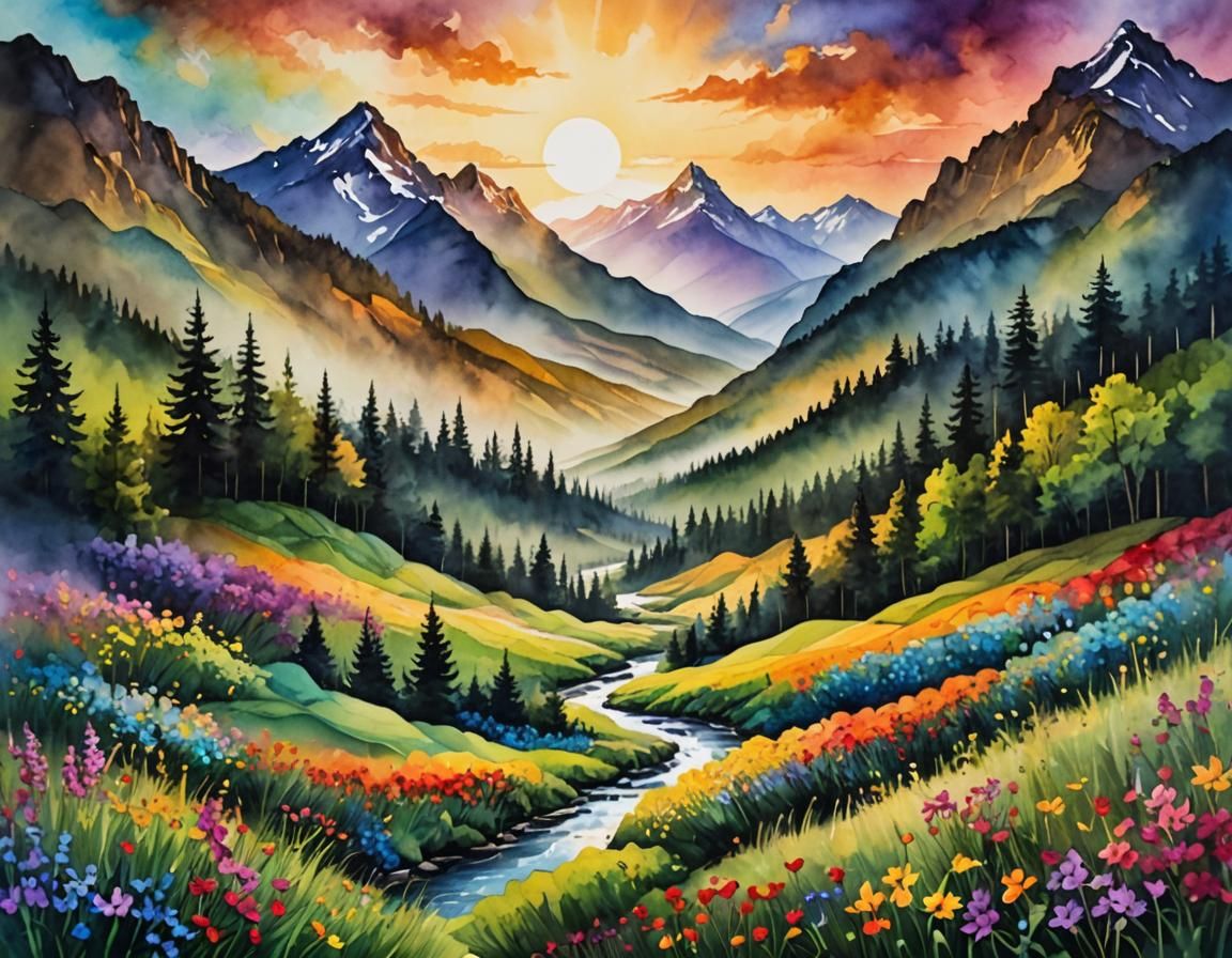 Mountain Sunrise: Spring Landscape in Alcohol Ink Style