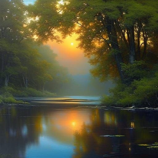 Night Sky River Reflection: Hyperrealistic Oil Painting