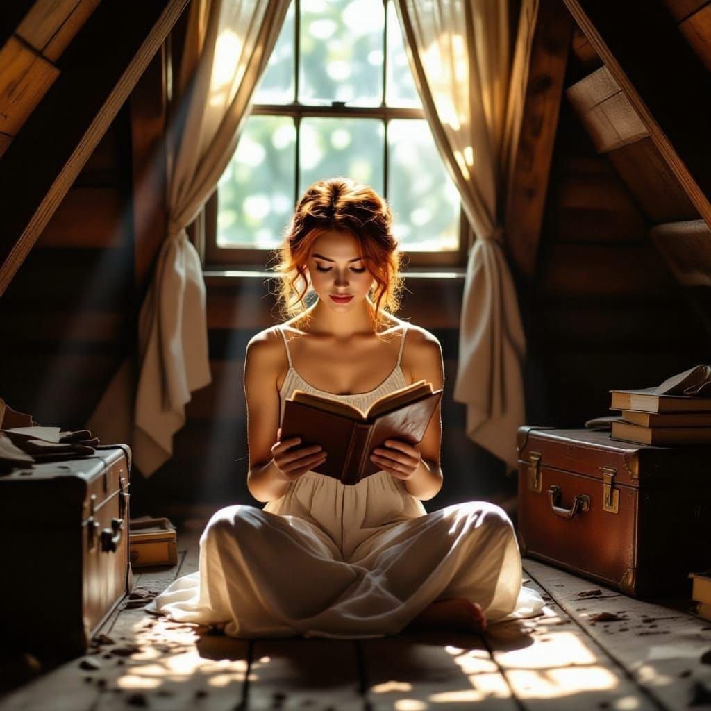 Young Woman Reads Father's Journal in Attic