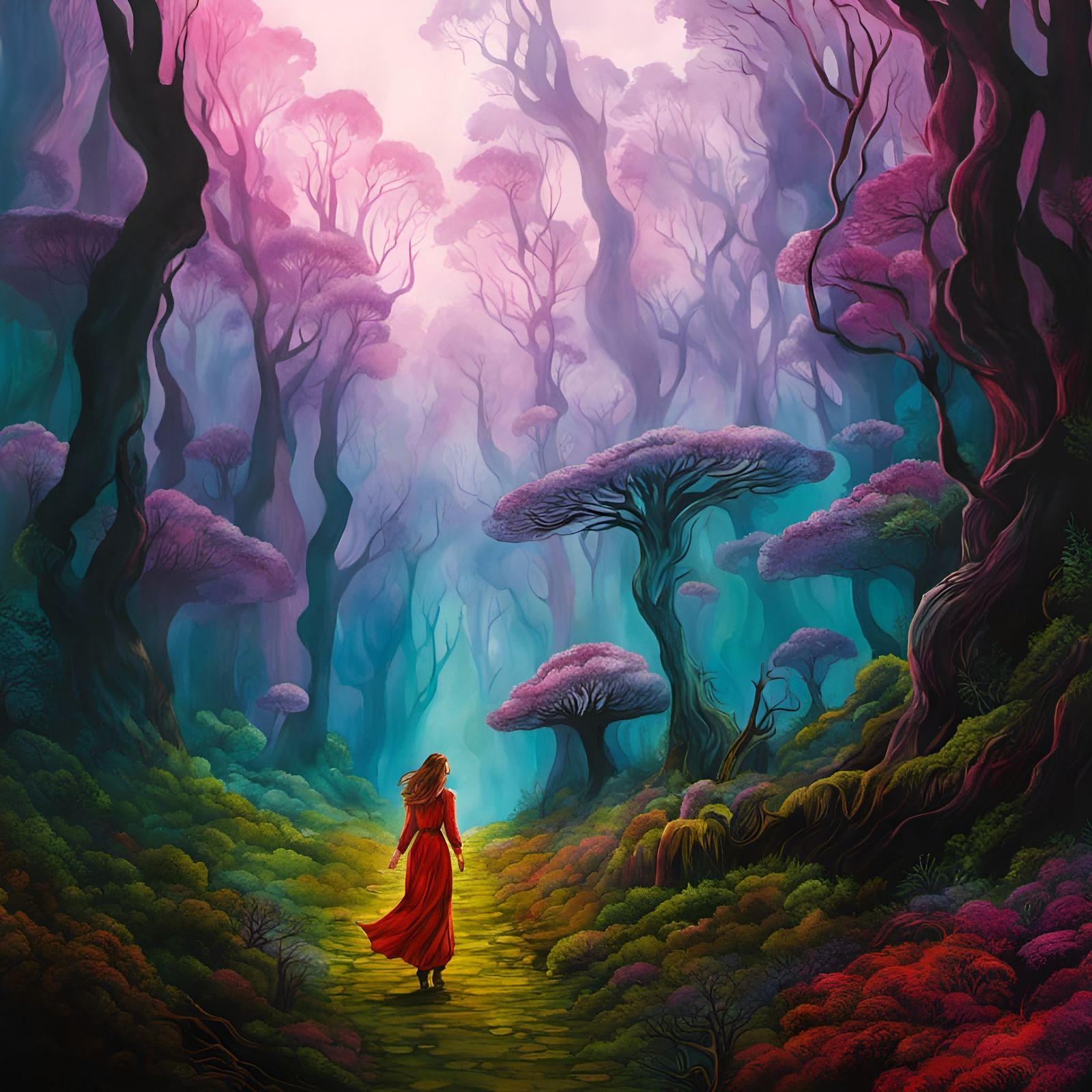 Woman walking Path through Psychedelic fairy forest