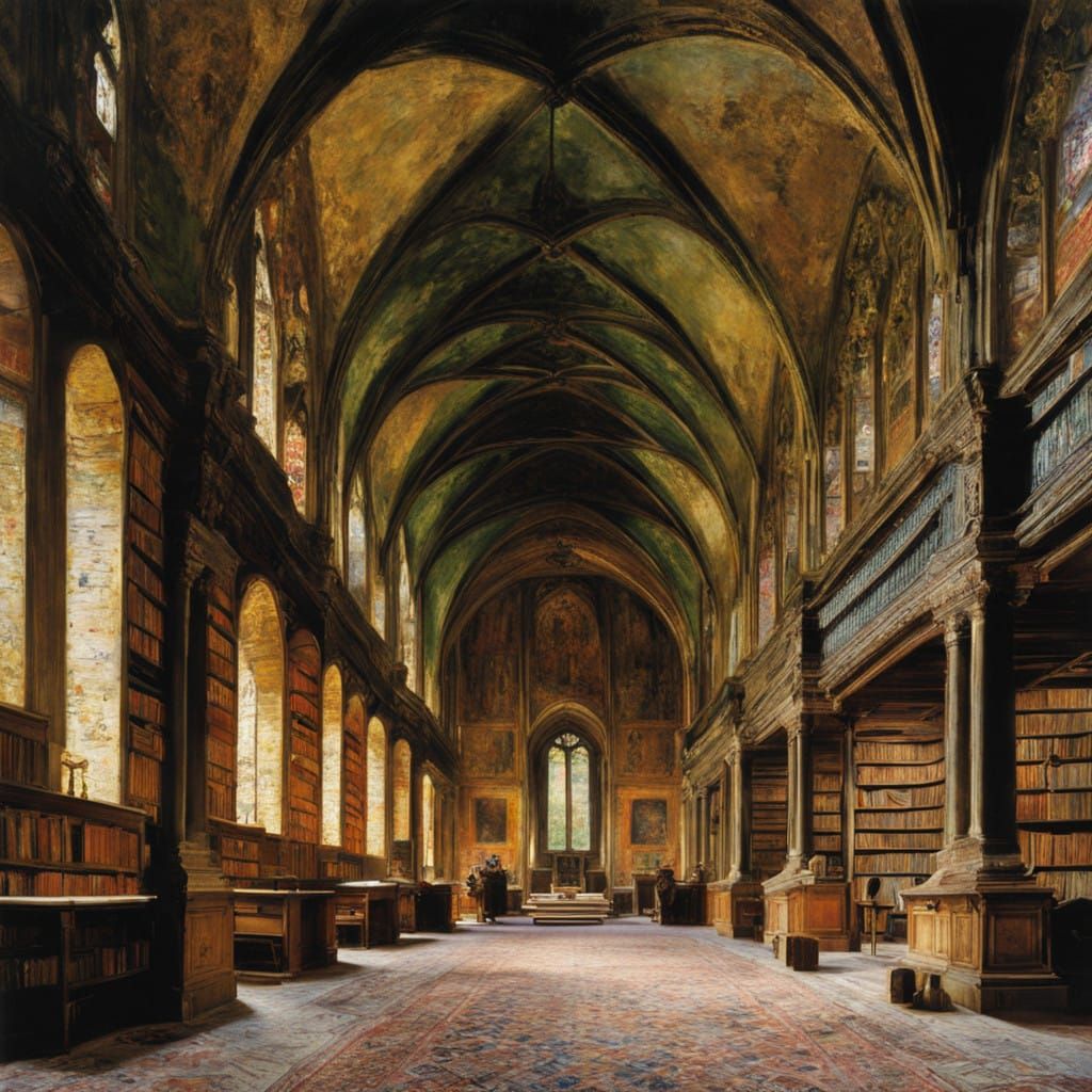 Vibrant Monastery Library Scene in Impressionist Style