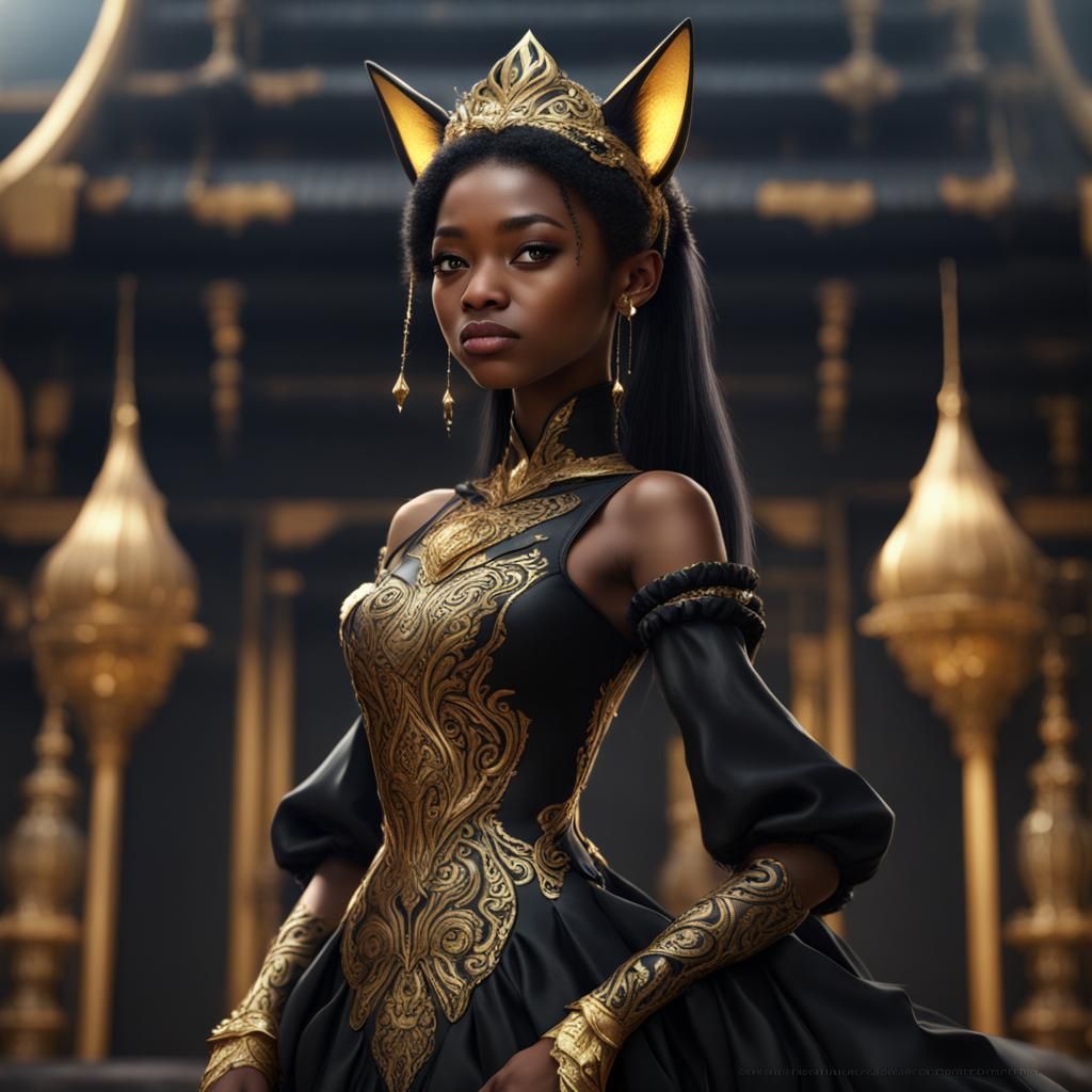 Kitsune Princess in Black and Gold Dress