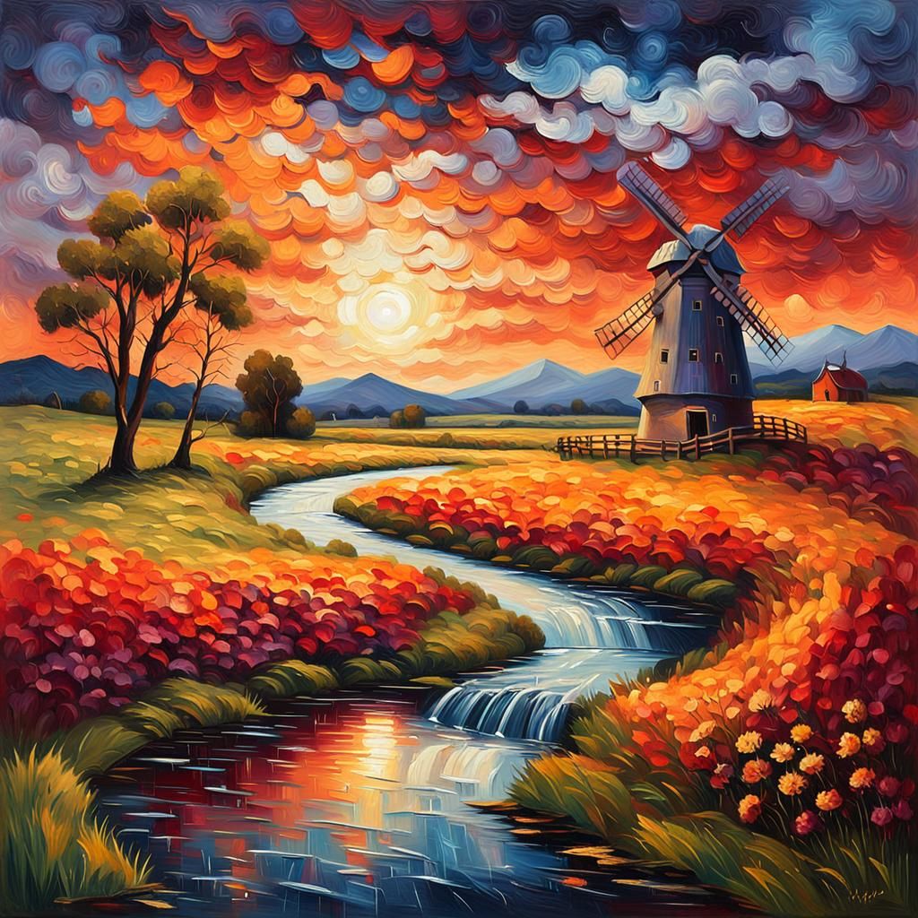 Post-Impressionist River Landscape with Swirling Starry Sky