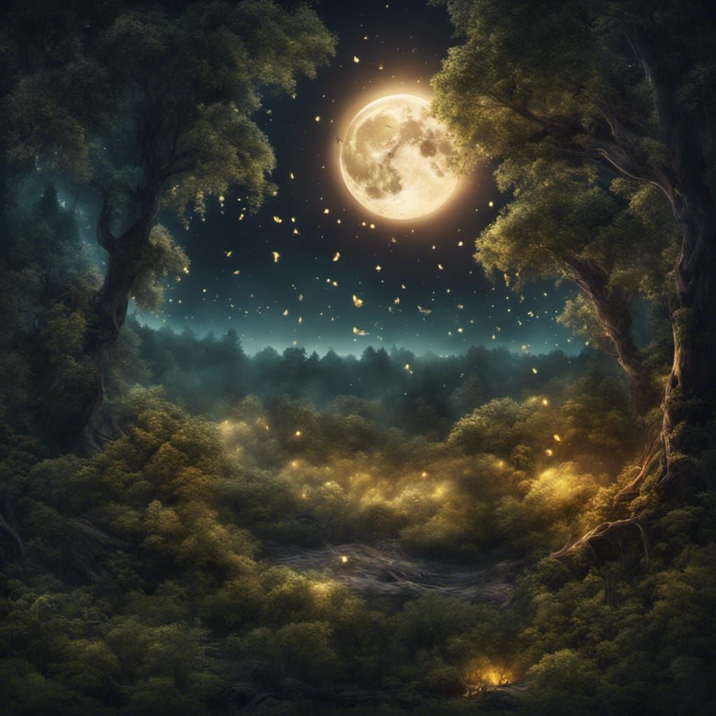 Mystical Forest at Night with Fireflies and Nebula