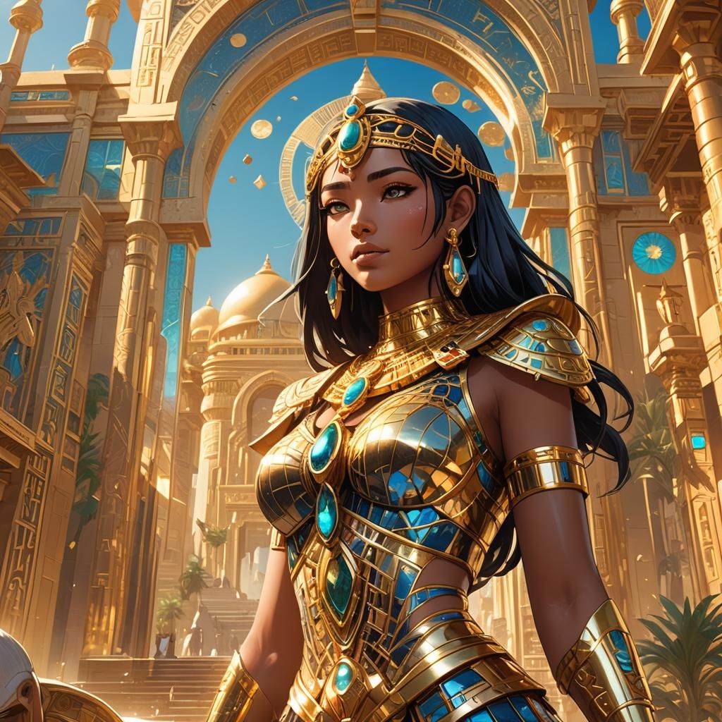Anime Girl in Golden Oasis City, Egyptian Style