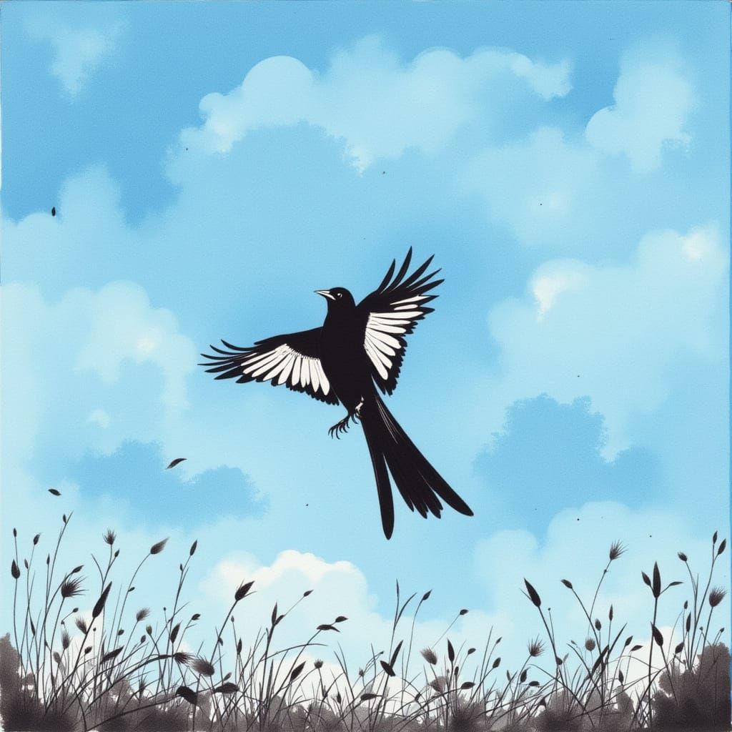 Magpie Over London in Charcoal and Gouache Style