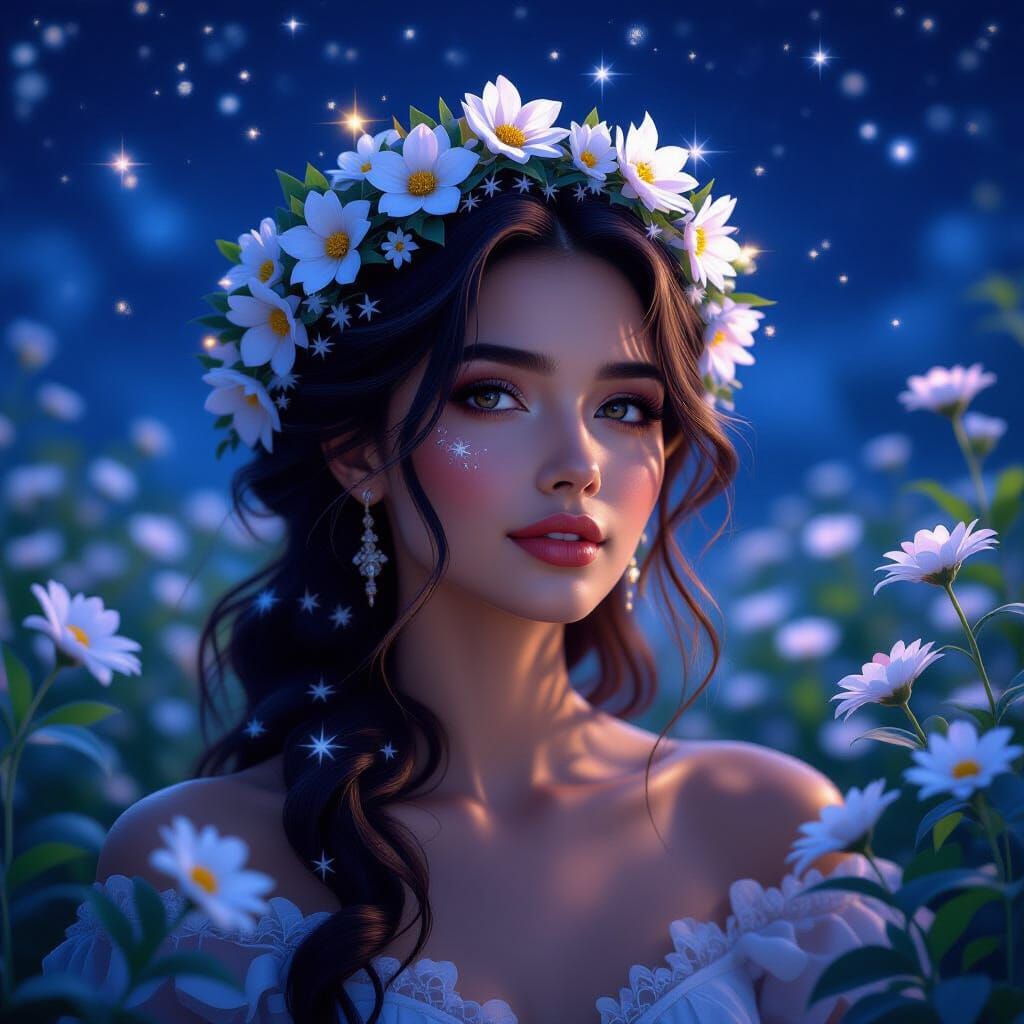 Crowned in stars and kissed by flowers, she is both the midn...