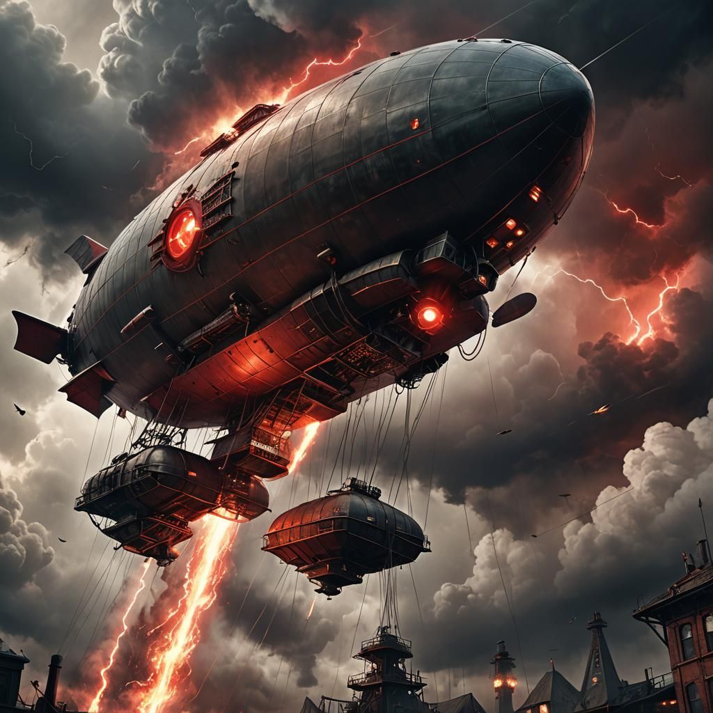 Dieselpunk Airship Unleashes Red Lightning Storm