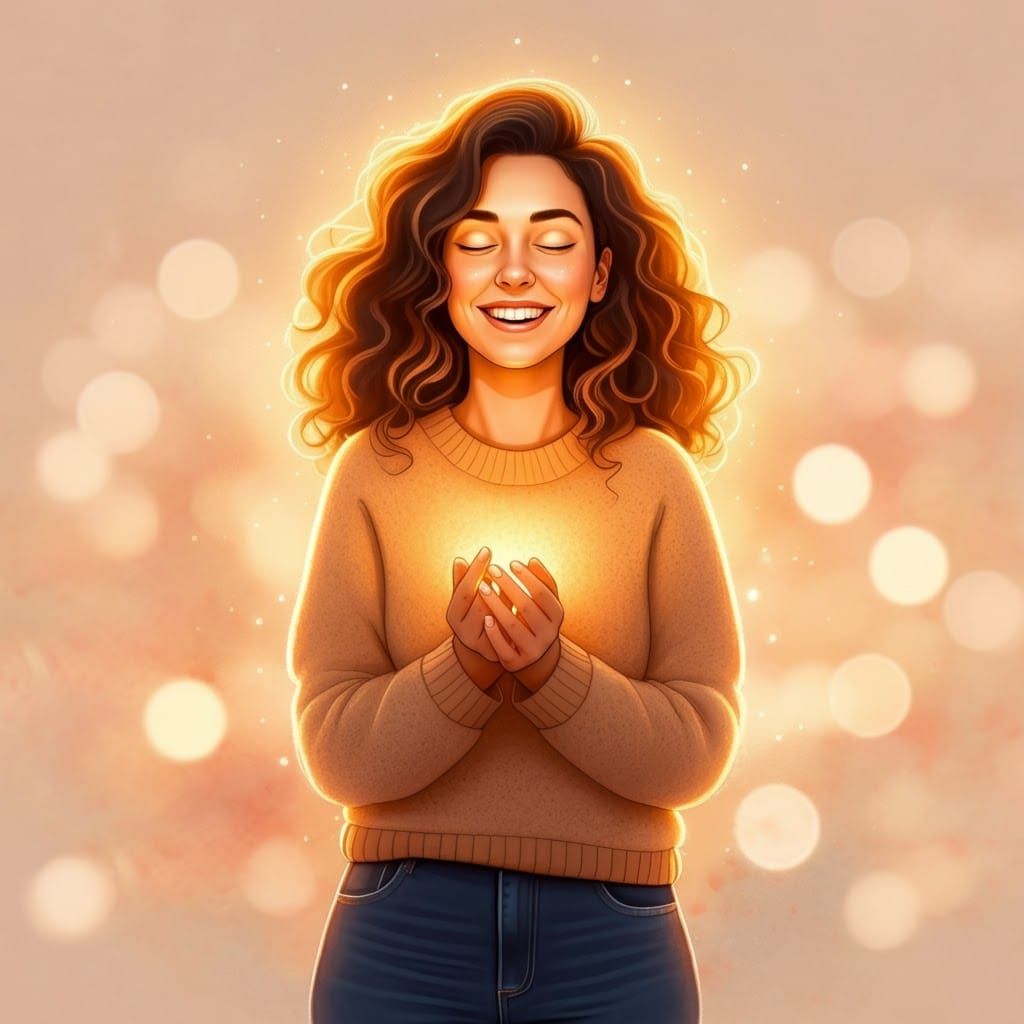Radiant Woman Expressing Gratitude in Watercolor Style