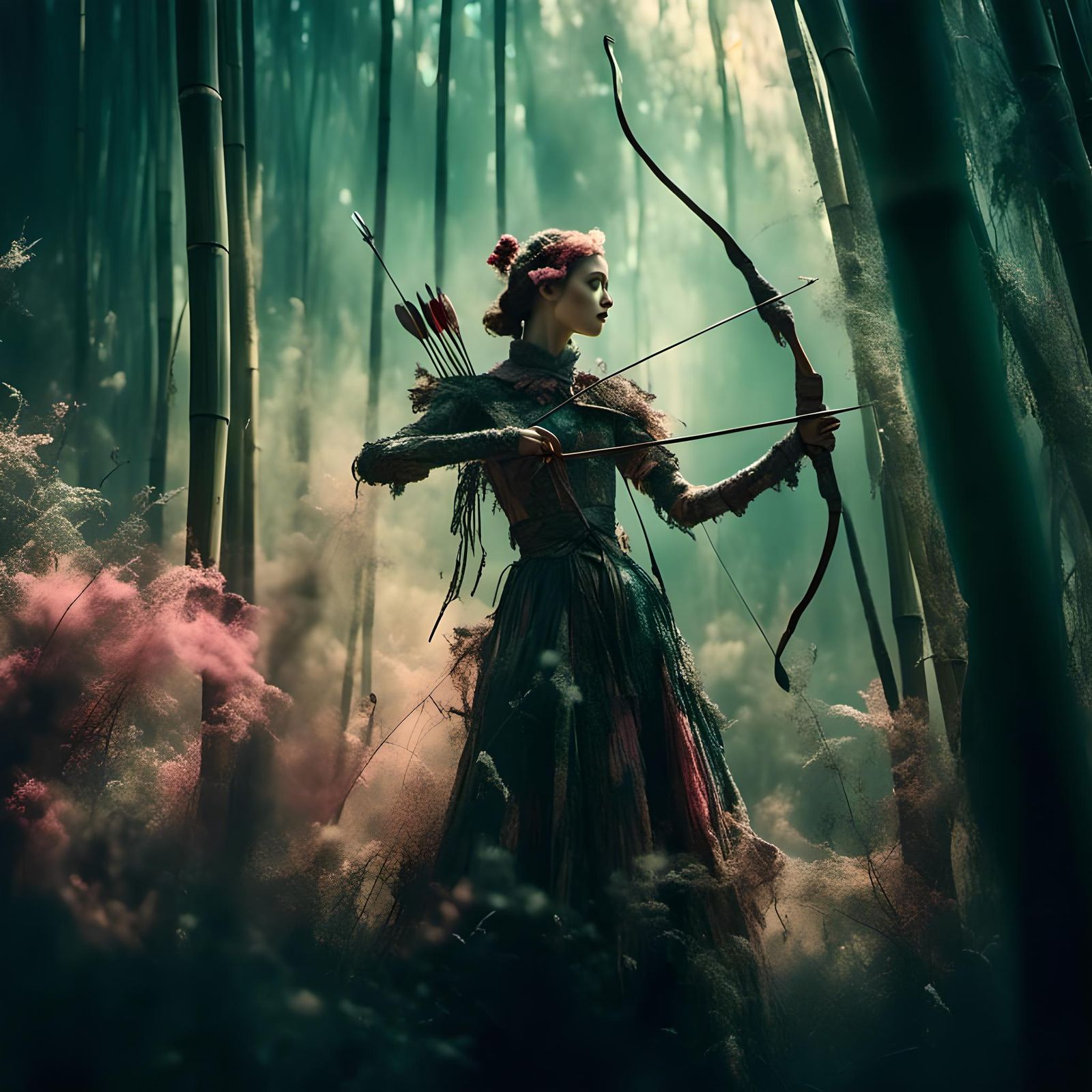 Ethereal Archer in Bamboo Forest with Dramatic Lighting