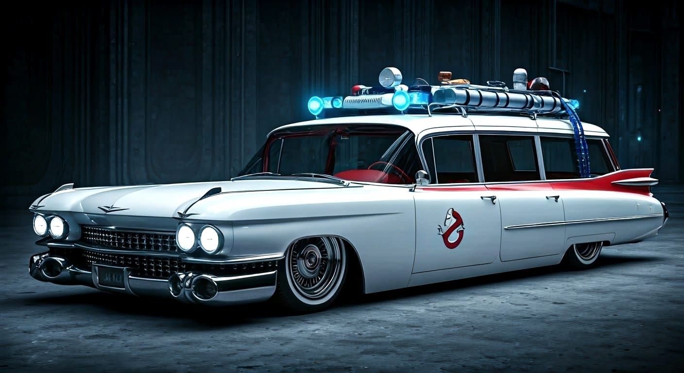 Cyberpunk Ecto-1 Ambulance in Neon Blade Runner Style
