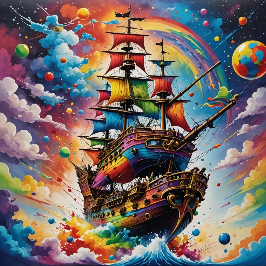 Rainbow Pirate Ship Flying in Vibrant Sky