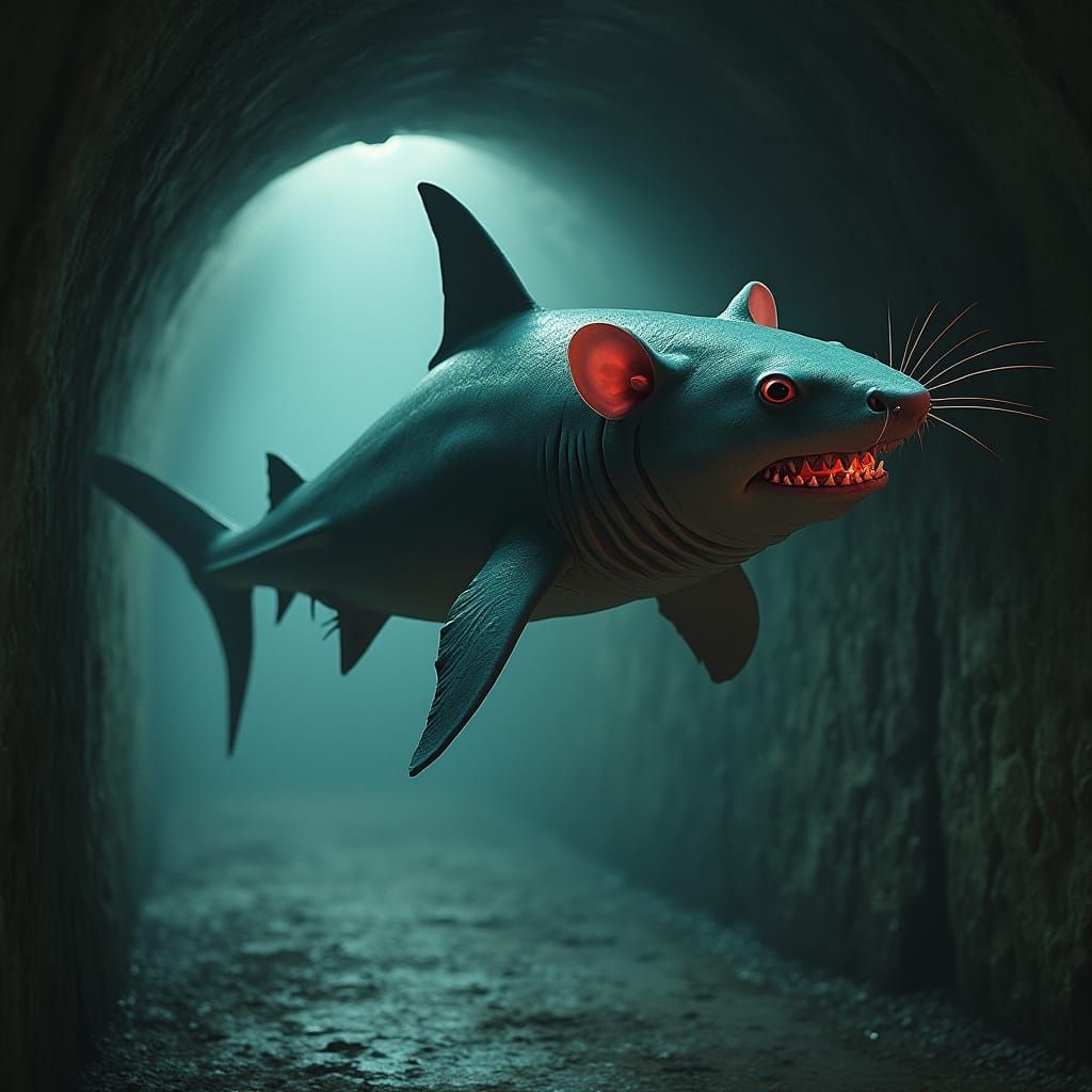 Shark-Rat Hybrid in Dimly Lit Sewer