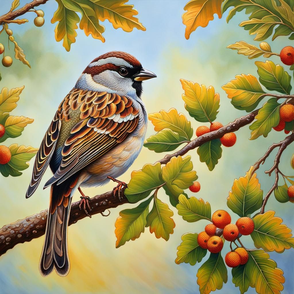 Sparrow on Oak Branch Pointillist Painting