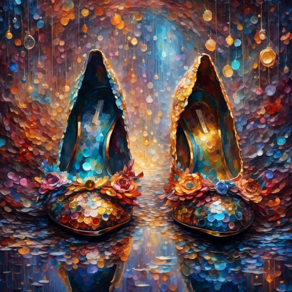 <lora:CosmicDollops:1.0> A pair of glass slippers ready for ...