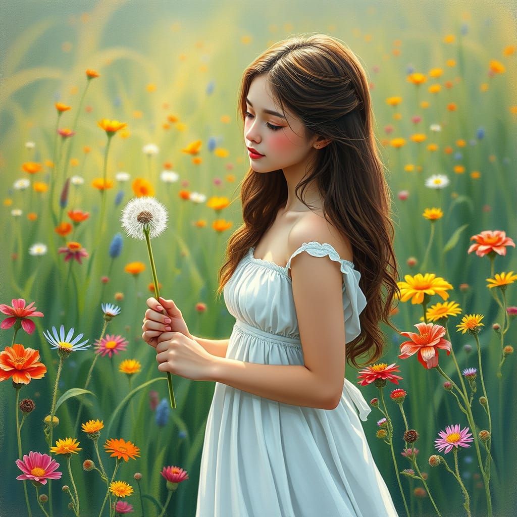 Woman with Dandelion in Lush Meadow, Matte Painting