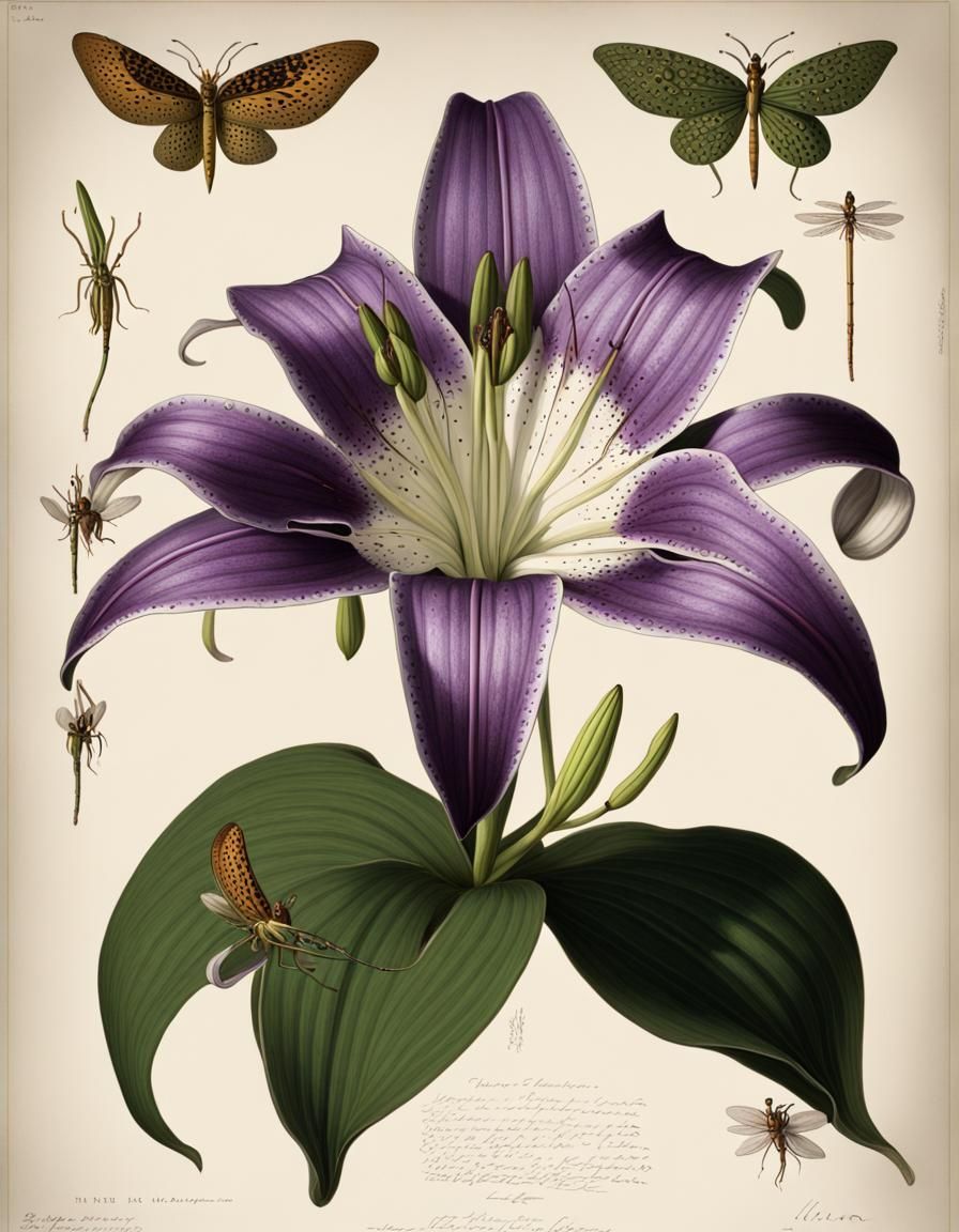 Chalcedonian Lily Antique Print with Insects