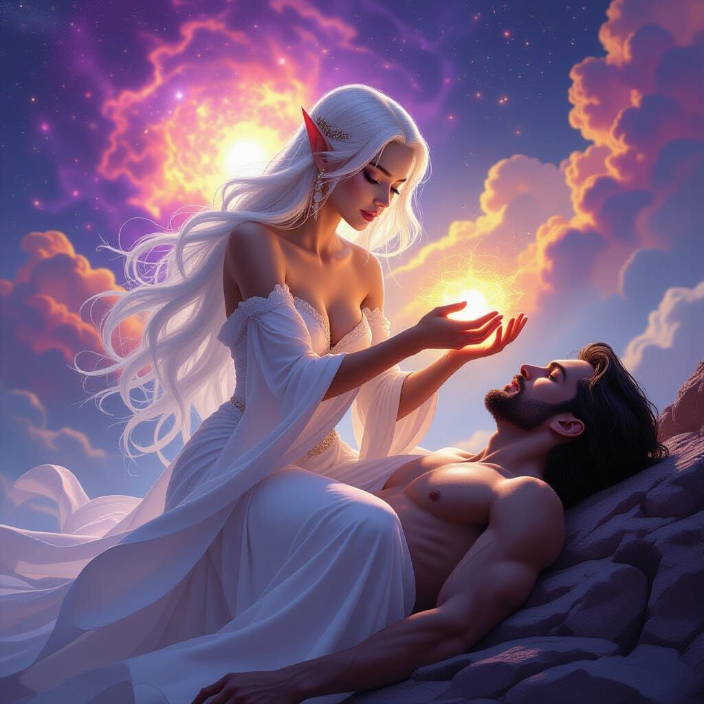Moon Elf Heals Man in Galaxy: Dark Fantasy Art