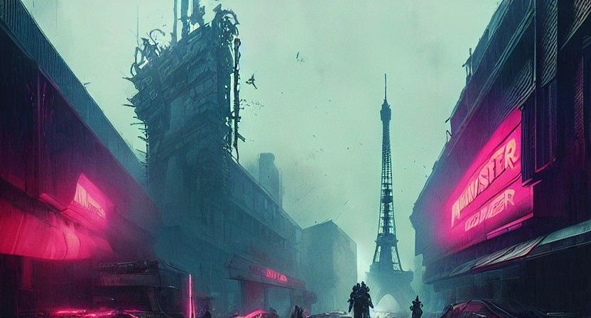 Monster Invasion in Cyberpunk Paris, Sinister Neon Horror