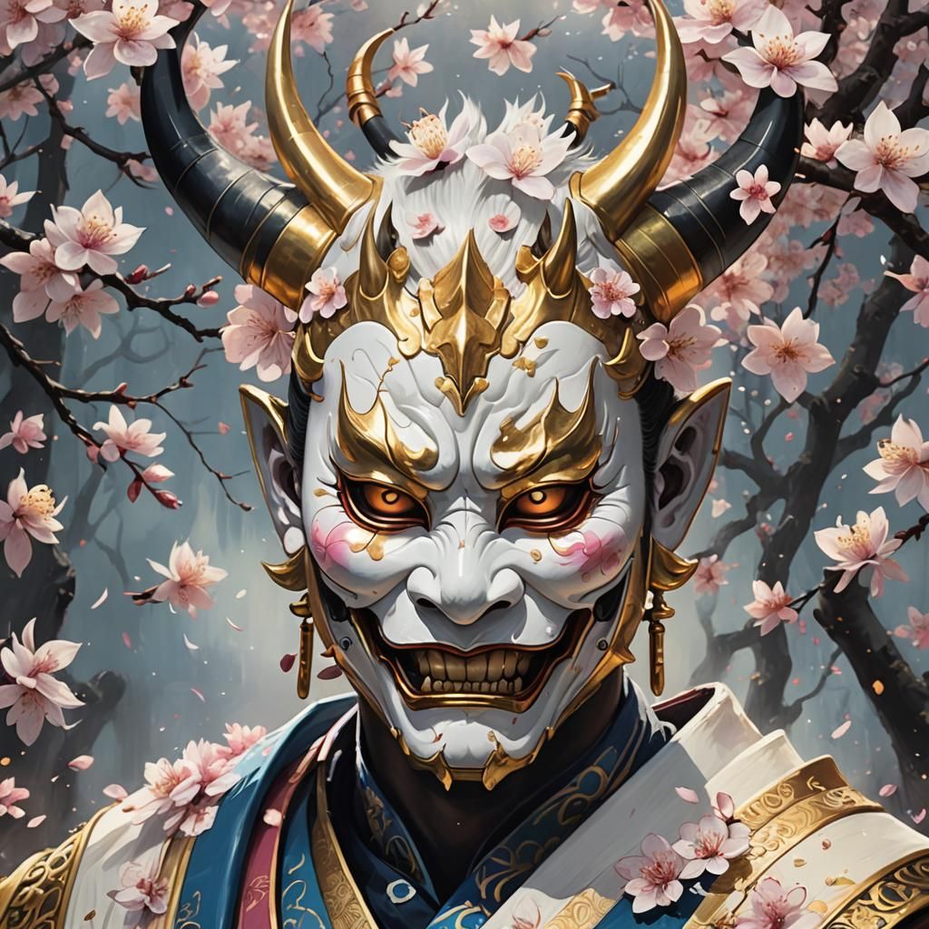 Hannya Noh Mask with Cherry Blossoms in Golden Light