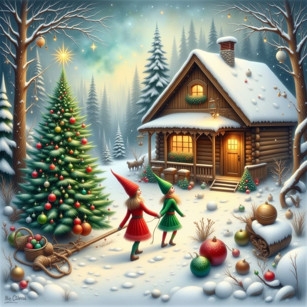 Elves Decorate Cabins with Christmas Trees in Snowy Landscap...