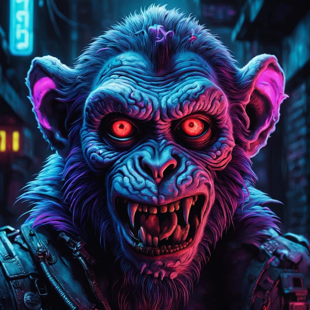 Cyberpunk Zombie Monkey Eats Brain in Neon Noir