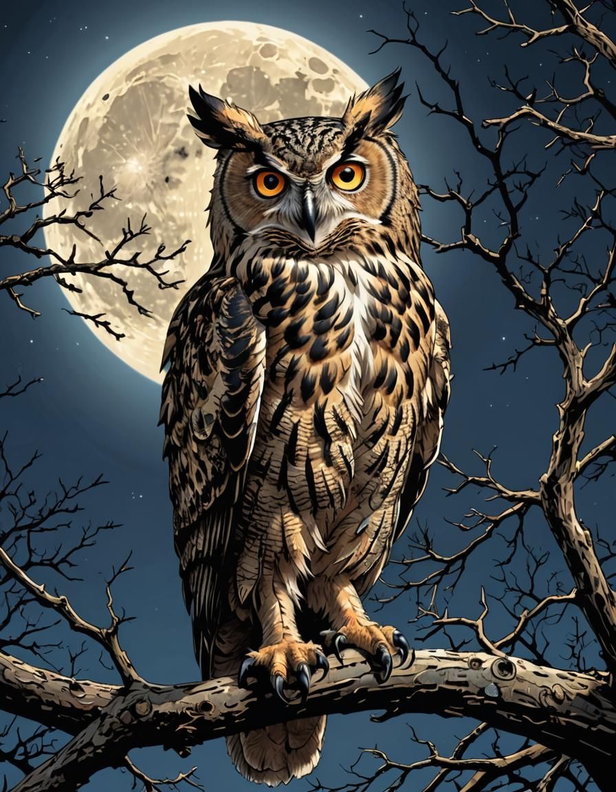 Eurasian Eagle-Owl Under Full Moon in Comic Art
