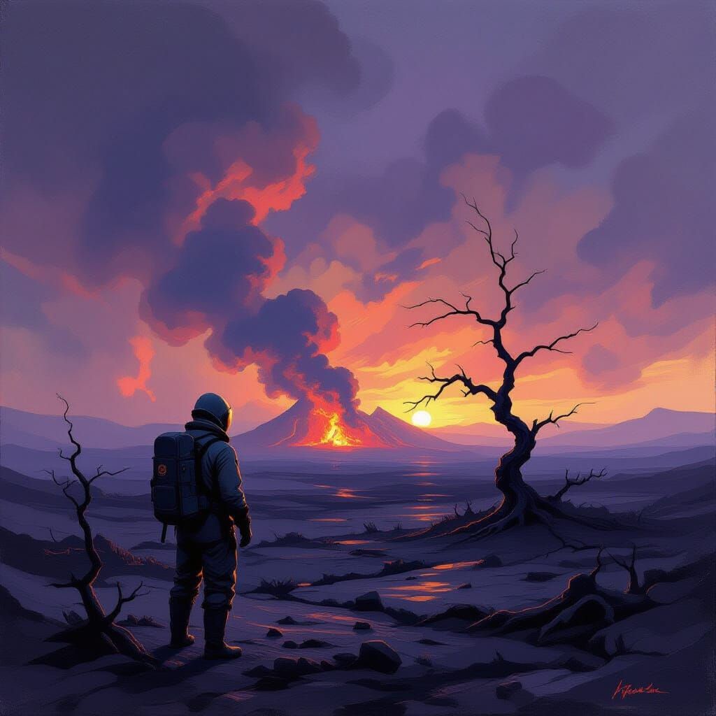 Geologist Surveys Volcanic Aftermath in Oil Impasto Style