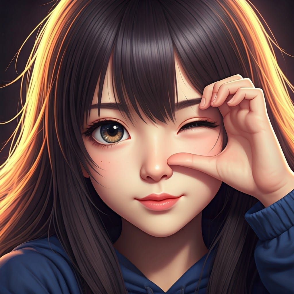 Cute Anime Girl Winks with Heart Gesture in Dreamy Portrait