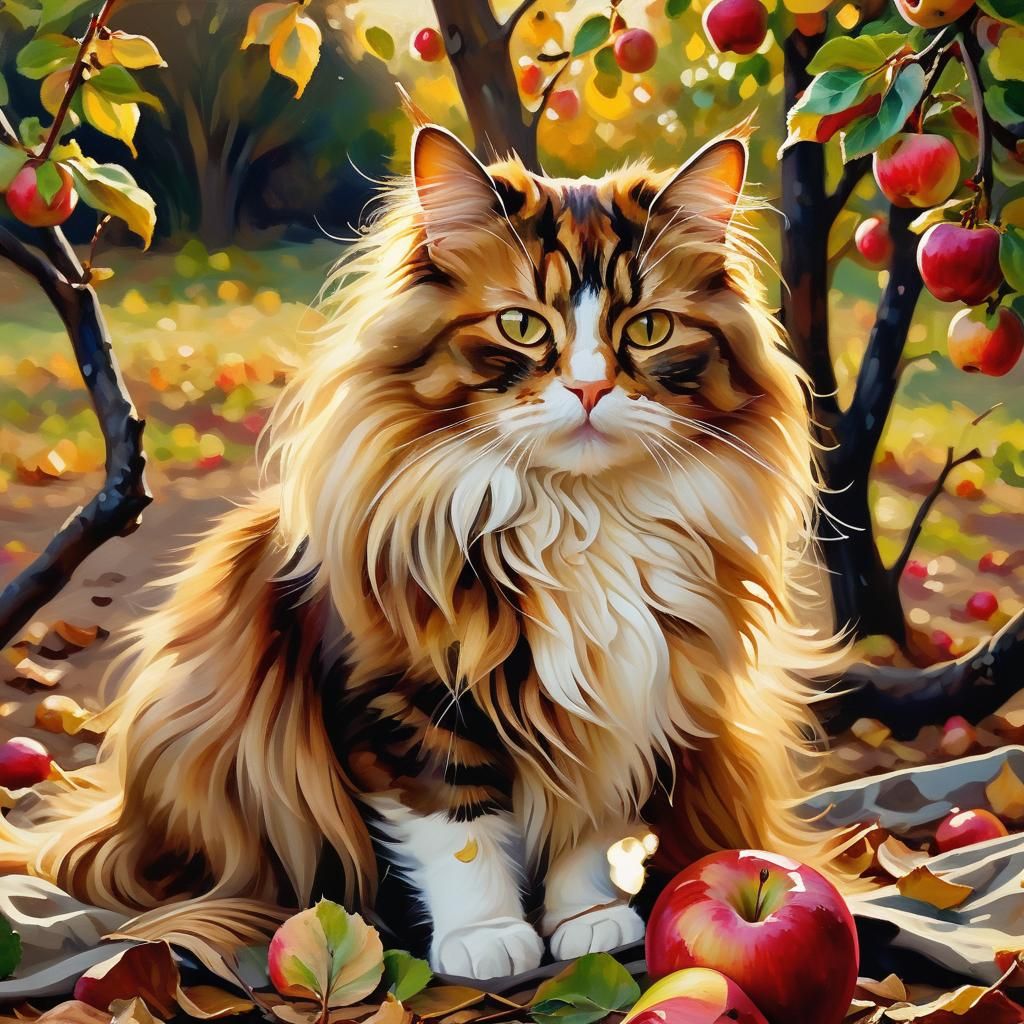 Cat in Orchard: Golden Hour Oil Painting
