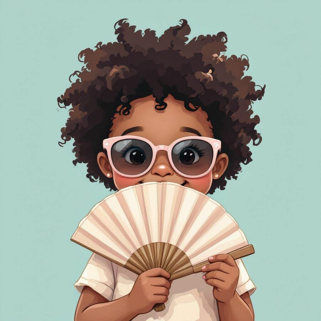 Cute Kid with Fan and Sunglasses in Pastel