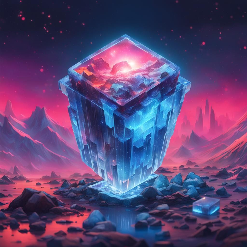 Earth in Ice Cube: Cyberpunk Mountain Scene